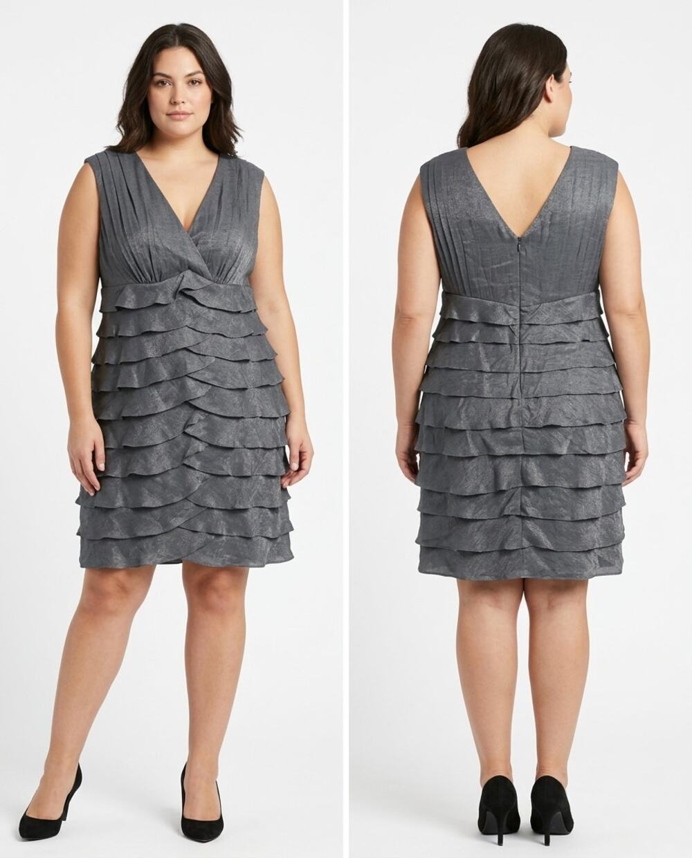 London Times Gray Tiered Ruffle V-Neck Lined Dress Women Plus Size 20W